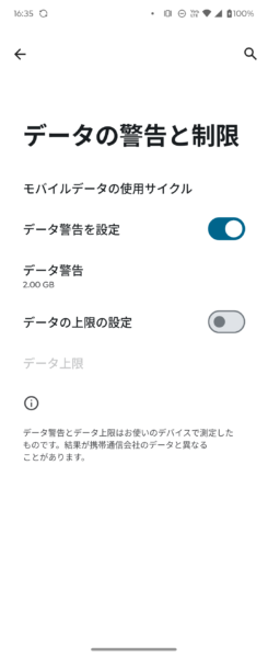 データ警告と制限の画面