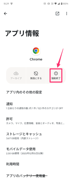 アプリ情報画面からアプリを強制終了